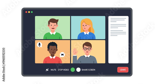Online meeting interface illustration showing diverse participants interacting during a video conference