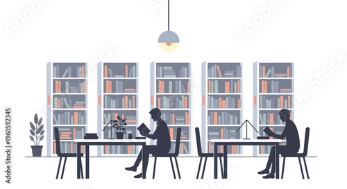 People reading in a library with bookshelves and desks