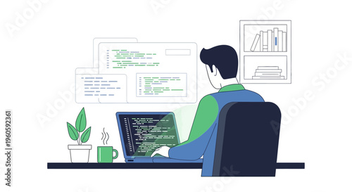 Person coding on laptop computer with green and blue color scheme