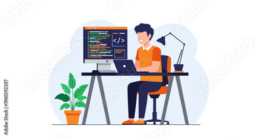 Person working on computer coding desk with lamp and houseplant