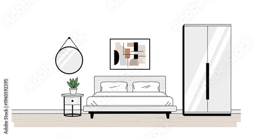 Modern bedroom interior illustration furniture bed wardrobe mirror plant wall art decor