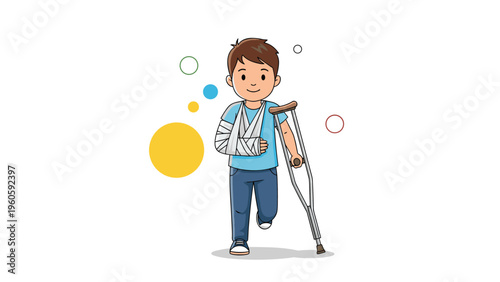 Young boy standing with his arm in a plaster cast and sling while using a single crutch to walk after an accidental injury or bone fracture.