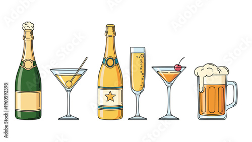 Various alcoholic beverages in different containers including wine bottles, champagne flutes, cocktails, and a beer mug.