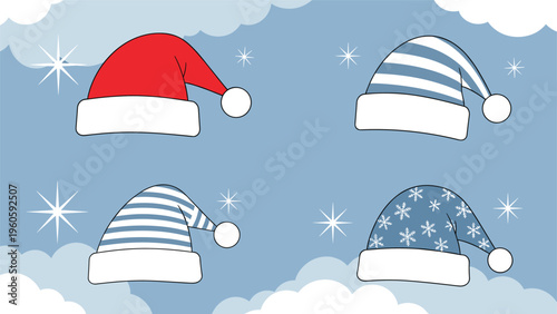 Collection of four different Santa hats with red, blue, and striped patterns shown against a soft blue sky with clouds and stars.