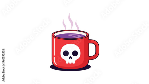 Red coffee mug with a white skull icon contains a steaming purple liquid representing a poisonous or spooky halloween beverage.