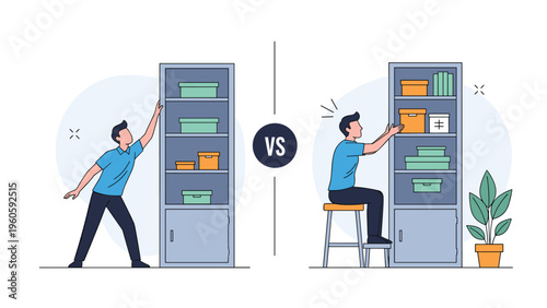 Safety comparison showing a man reaching for a high shelf unsafely vs safely using a sturdy stool to prevent home accidents.