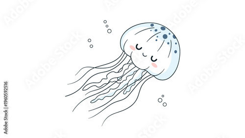 Adorable cartoon jellyfish with a smiling face and long tentacles swimming peacefully in the water with tiny bubbles around it.