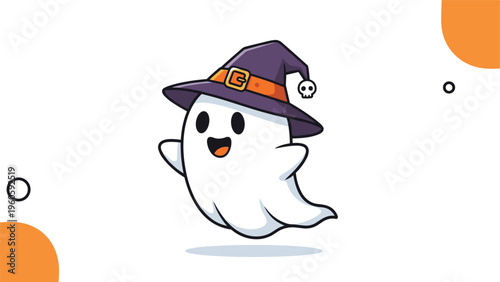 Simple white cartoon ghost floating while wearing a tall purple witch hat with a buckle and a small skull charm for Halloween.