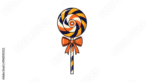 Large spiral lollipop with orange, black, and white colors decorated with a matching orange bow for halloween and festive treats.