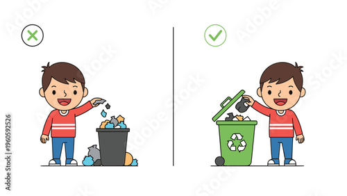 Educational illustration showing a boy throwing trash incorrectly vs correctly into a green recycling bin to protect nature.