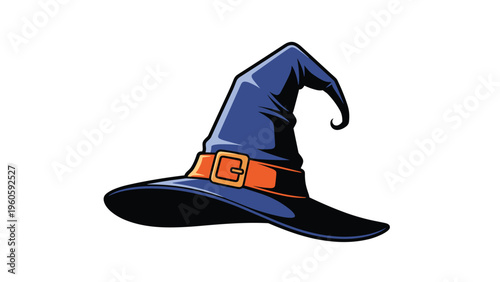 Classic dark blue witch hat with a pointed top and an orange belt buckle shown against a plain white background for halloween.