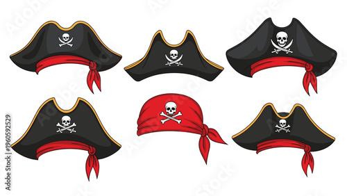 Collection of six different pirate hats and red bandanas with skull and crossbones emblems for costumes and adventure themes.