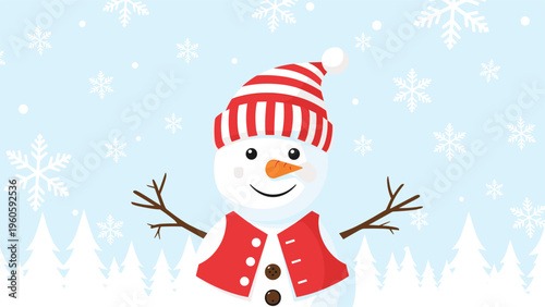 Happy snowman with a red and white striped hat and a red vest standing in a snowy winter forest with falling snowflakes.