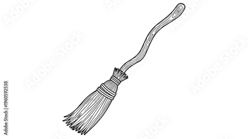 Hand drawn black and white sketch of a witch's broom with a gnarled wooden handle and straw bristles for magic and halloween.
