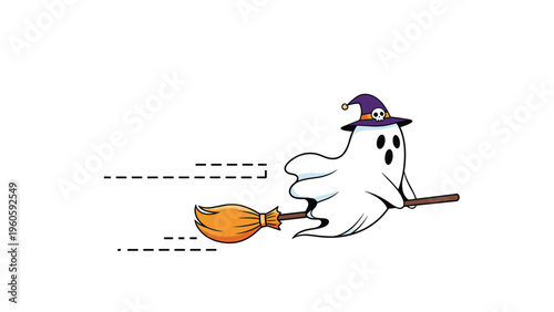 Cute spooky white ghost flies through the air on a wooden broomstick while wearing a purple witch hat decorated with a small skull icon.