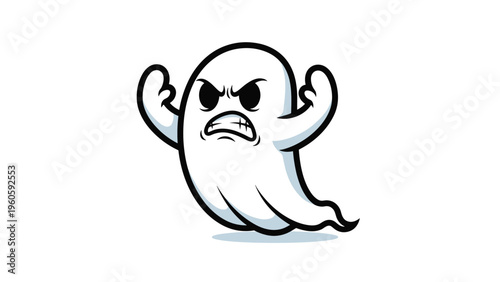 Spooky cartoon ghost with a fierce expression and clenched teeth raises its hands to scare people during halloween celebrations.