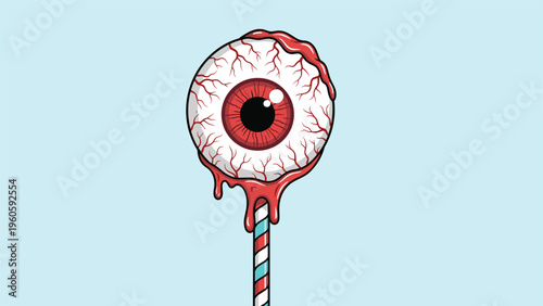 Creepy red bloodshot eyeball lollipop drips with thick blood on a striped stick as a scary treat for a Halloween themed celebration.