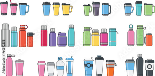 Reusable drink bottles and coffee cups collection with thermos travel mugs and water containers vector illustration set