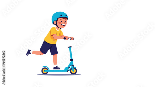 Young boy wearing a blue safety helmet and yellow shirt enjoys riding his kick scooter on a plain white background for active play.