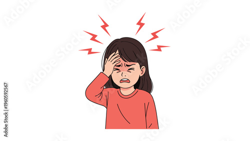 Young girl with dark hair holds her forehead in pain with red lightning symbols around her head to illustrate a severe headache or fever.