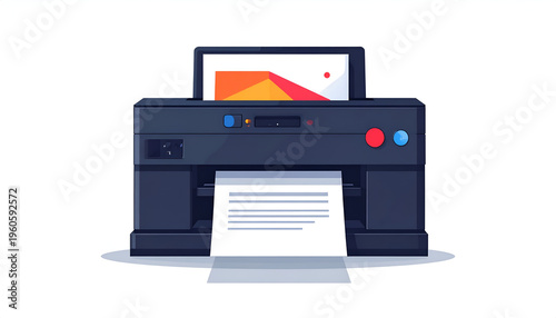 Vector printer illustration with paper output modern design and blue color scheme