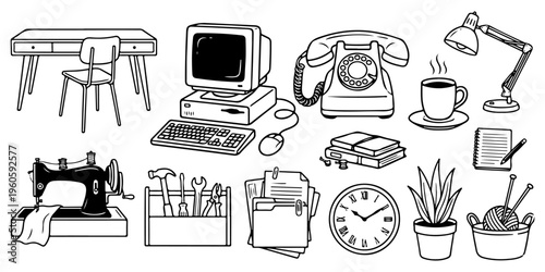 Vintage hand drawn hobby and workspace silhouette set. Retro computer, sewing machine, tools, knitting, office supplies and home equipment isolated