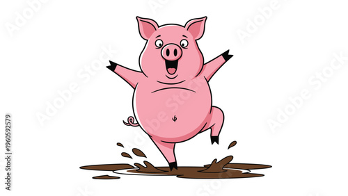Joyful pink pig character jumps and splashes happily in a muddy puddle on a white background, expressing pure excitement and fun.