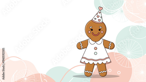 Sweet gingerbread girl cookie wearing a white dress and a polka dot party hat stands in front of a soft pastel geometric background.