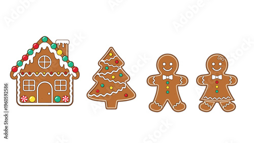 Festive gingerbread cookies shaped like a decorated house, Christmas tree, man, and woman for a sweet holiday treat and celebration theme.