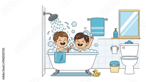Two happy boys enjoying a playful bubble bath in a white tub while water pours from the showerhead in a tidy bathroom.