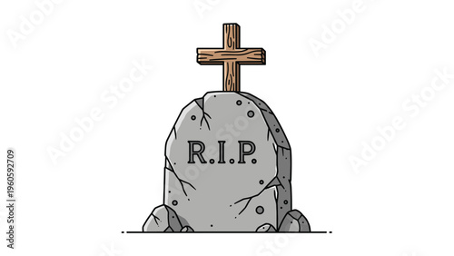 Weathered stone grave marker featuring a wooden cross and the letters RIP resting on a plain white background for mourning.
