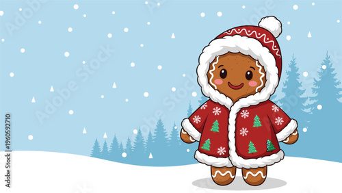 Cute gingerbread man wearing a red winter coat with a white fur trim and a matching hat stands in a snowy forest for holiday greetings.