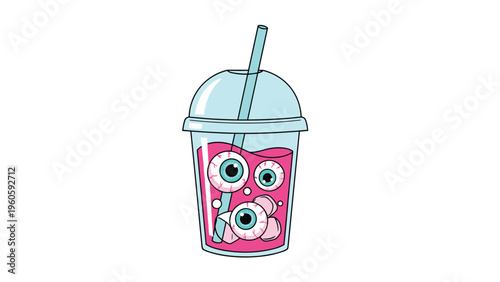 Creepy Halloween drink served in a plastic cup with a blue straw featuring floating realistic eyeballs in a pink liquid.