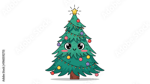 Adorable cartoon Christmas tree with a happy face and rosy cheeks decorated with colorful baubles and a glowing star.