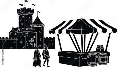 Black silhouette of a medieval castle with a marketplace stall, wooden barrels, and a peasant couple in historic costumes isolated on white background. (23 words)