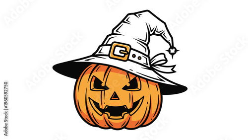 Classic orange Halloween pumpkin wearing a tall white witch hat with a golden buckle and belt decoration on its head.