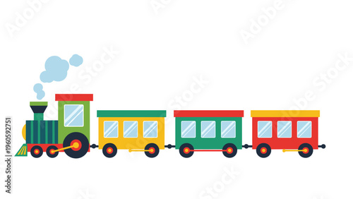 Colorful toy steam engine train pulling three passenger cars in green, yellow, and red colors with blue smoke.