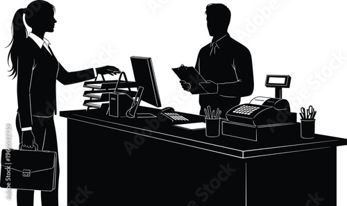 Black silhouette of a professional business woman interacting with a male clerk at a reception desk or bank counter isolated on white background. (24 words)