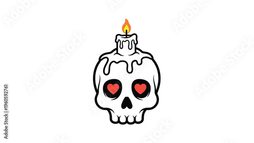 Spooky white skull character featuring red heart-shaped eyes and a melting candle burning on top of its bony head.