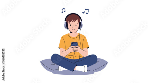 Young boy sitting cross-legged on a blue pillow while listening to music with headphones and using a smartphone at home.