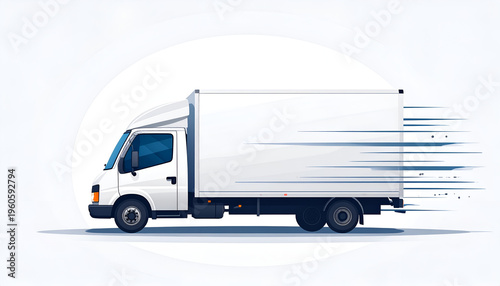 White delivery truck speeding with motion trails; fast shipping vector illustration