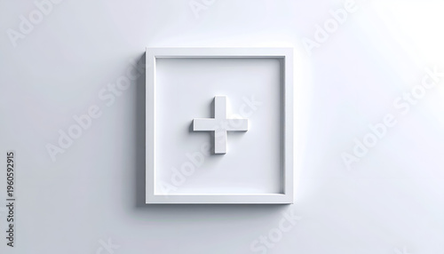 White plus sign inside square frame casts soft shadow on white background