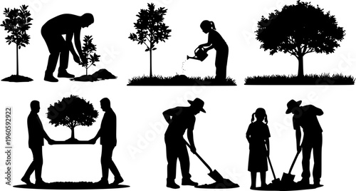 Silhouette of people planting trees various poses set collection. Family gardening and planting trees outdoor different poses silhouette set.