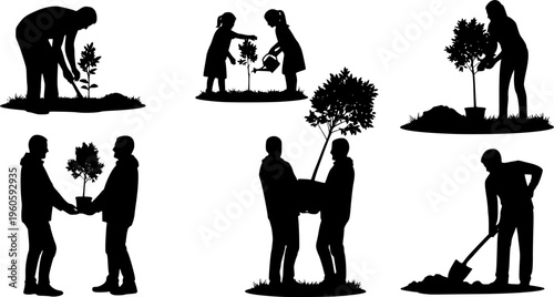 Silhouette of people planting trees various poses set collection. Family gardening and planting trees outdoor different poses silhouette set.
