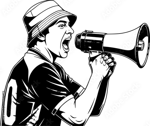 Soccer Ultra Fan with Megaphone and Bucket Hat Cheering Vector
