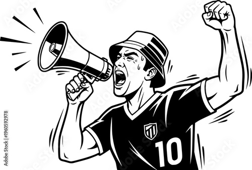 Soccer Ultra Fan with Megaphone and Bucket Hat Cheering Vector
