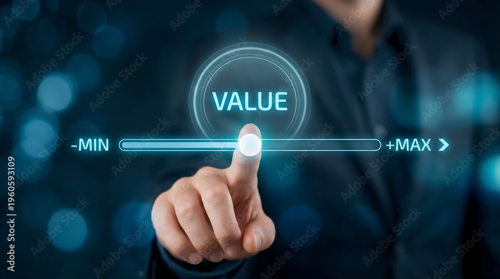 Fototapeta premium Professional hand interacting with a glowing digital value slider on a dark blue futuristic backgrou