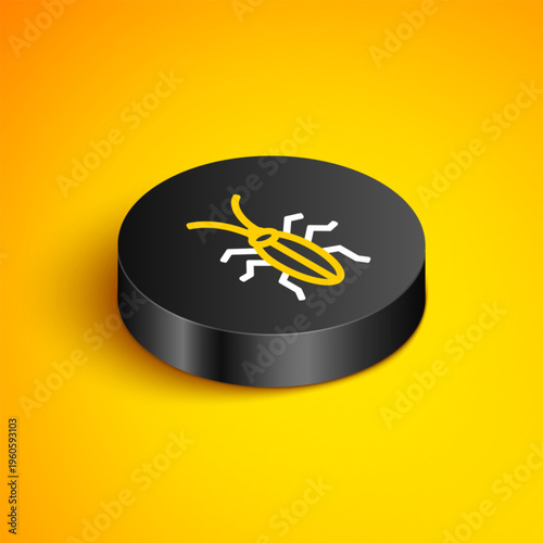 Isometric line Cockroach icon isolated on yellow background. Black circle button. Vector