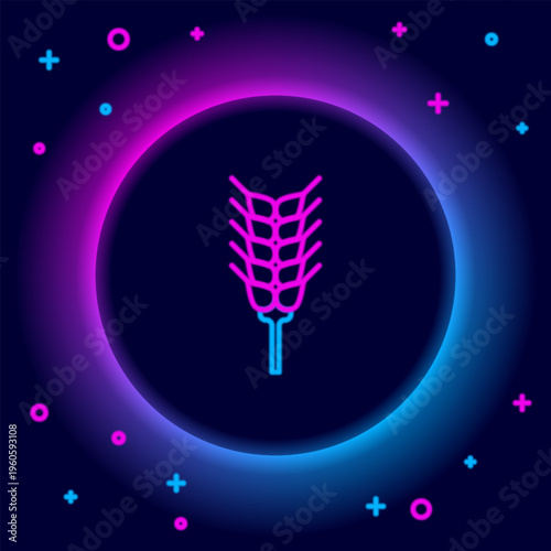 Glowing neon line Cereals set with rice, wheat, corn, oats, rye, barley icon isolated on black background. Ears of wheat bread symbols. Colorful outline concept. Vector