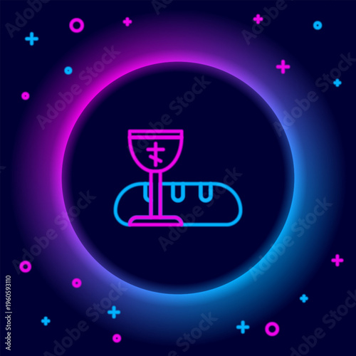 Glowing neon line First communion symbols for a nice invitation icon isolated on black background. Colorful outline concept. Vector